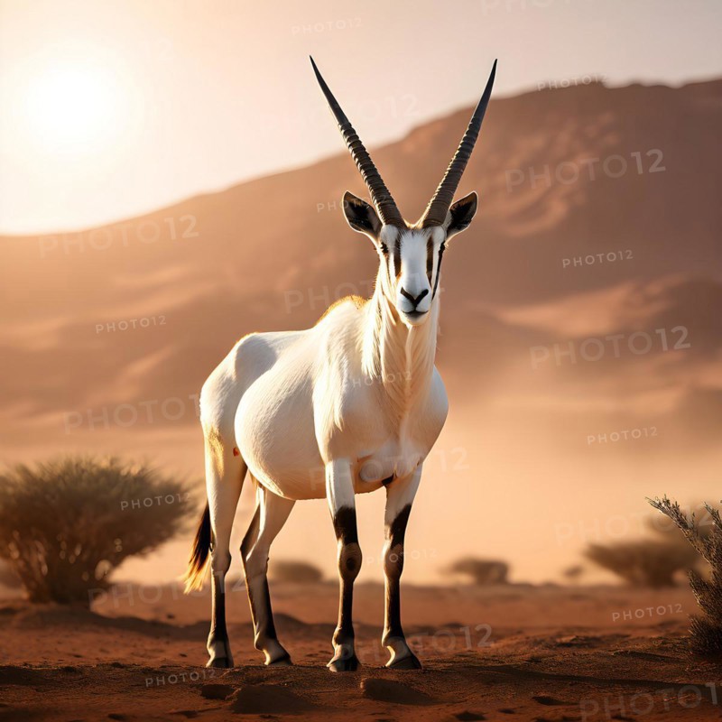 Arabian oryx with its long straight horns white coat shimmering in desert sun, AI generated