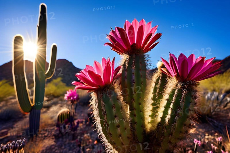 Saguaro cactus with vibrant flower in full bloom in early morning light, AI generated