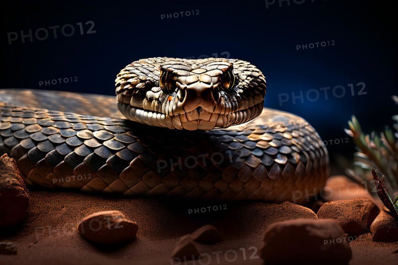 Rattlesnake coiled poised to strike in the silent mojave night, AI generated