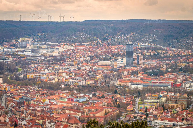 City centre of Jena with the Jentower in the centre and the Kernberge in the background, Jena, Thuringia, Germany, Europe