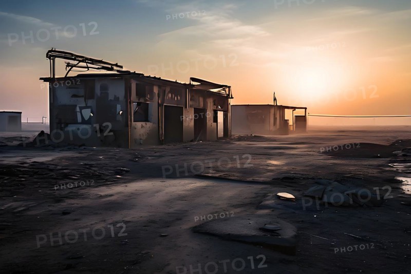 Deserted military base featuring empty barracks and abandoned tanks in silent, AI generated