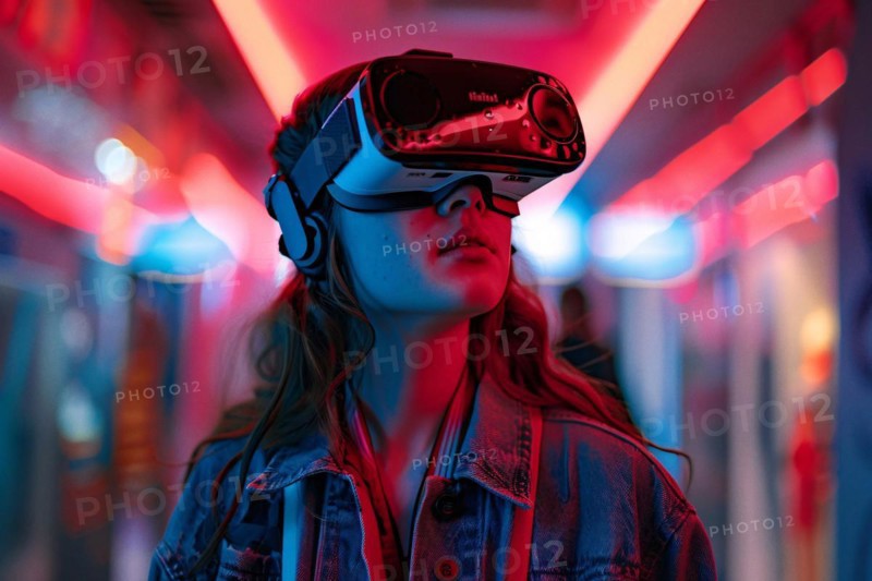 Woman in denim jacket wearing a VR headset surrounded by neon lights, AI generated
