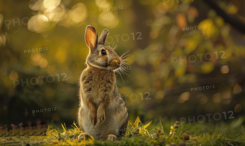 A bunny sitting upright in the forest, bokeh lights AI generated