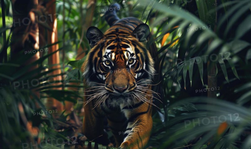 A Sumatran tiger in jungle foliage AI generated