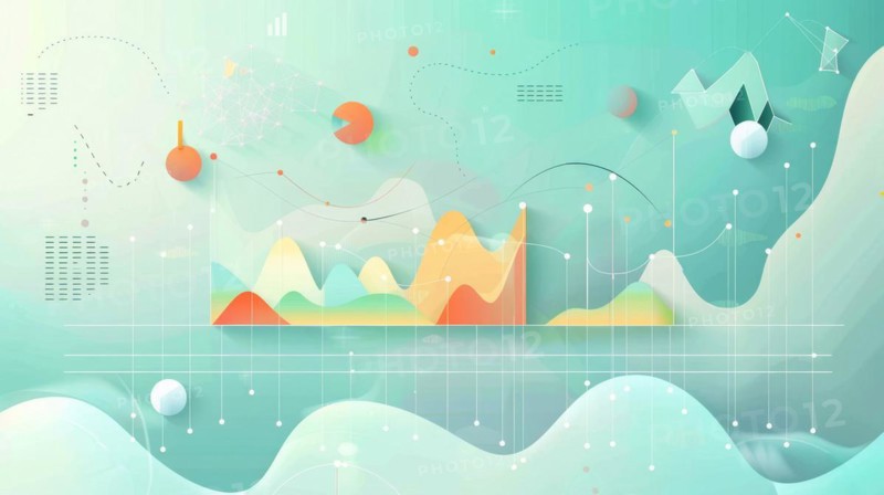 Playful data visualization with mountain graph and balloons in soft pastel colors on a light background, ai generated, AI generated