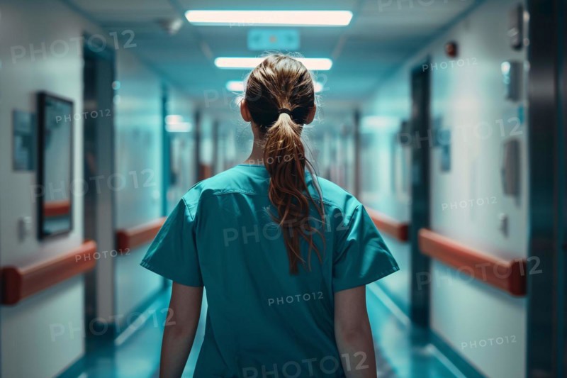 Back view of nurse walking through hospital corridor. KI generiert, generiert, AI generated