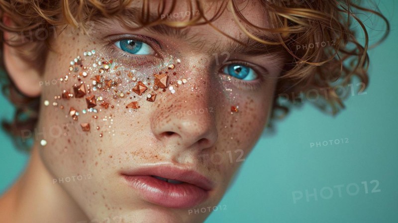 Blue-eyed male with freckles and sparkling crystals on his face, blurry teal turquoise solid background, beauty product studio light, fashion artsy make up, high concept potraiture, AI generated