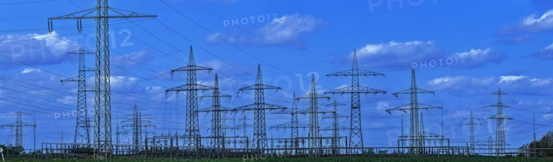 Power pylons with high-voltage lines at the Avacon substation Helmstedt, panoramic photo, Helmstedt, Lower Saxony, Germany, Europe