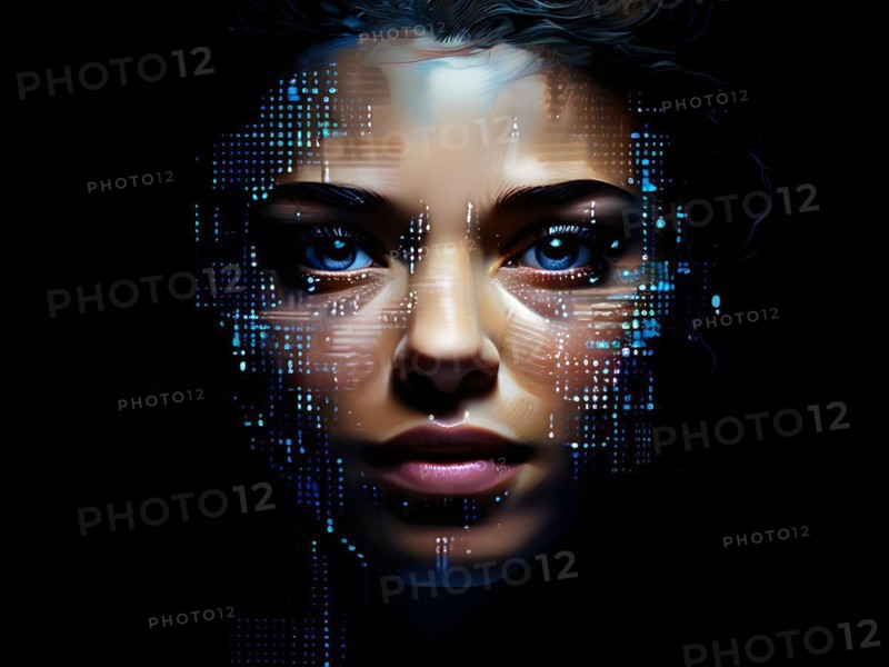 AI generated human portrait transitioning from lifelike human to a pixelated digital effect