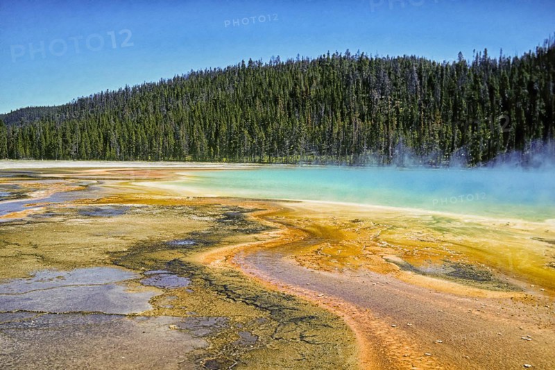 Hot spring and lake, Yellowstone National Park, Wyoming, USA, North America
