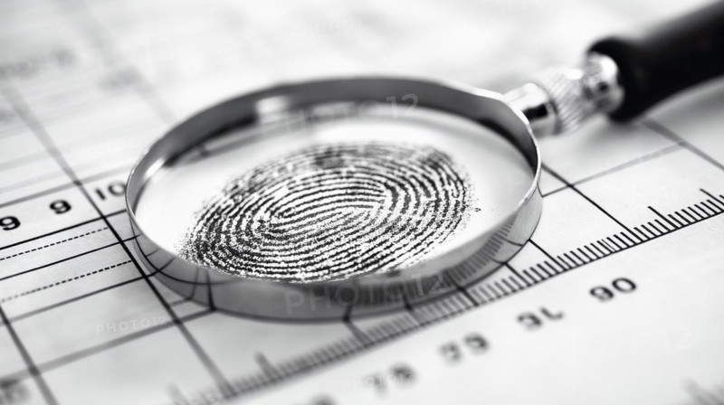 Magnifying glass resting on a fingerprint on paper. generative AI, AI generated