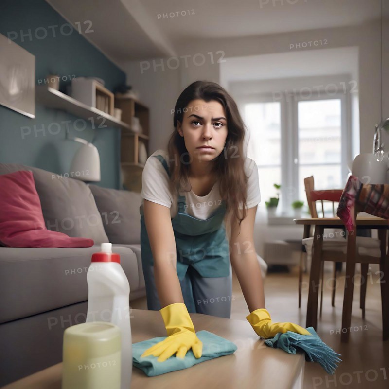 Woman appears exhausted and overwhelmed doing housework in a modern living room, No desire to tidy up, AI generated