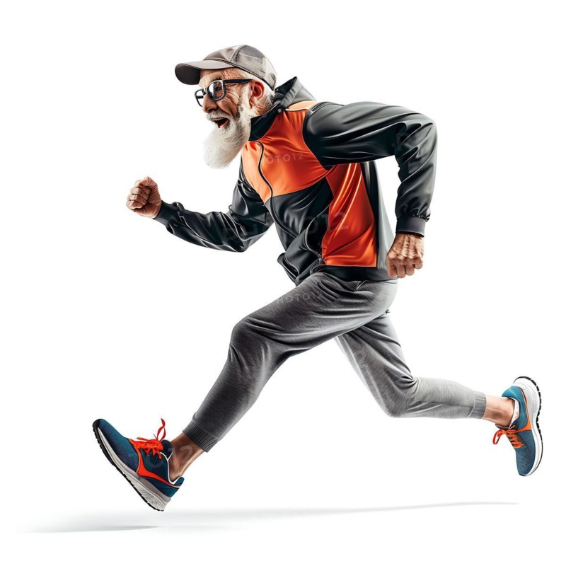 Elderly man in motion, jogging happily in orange and grey sportswear, running, starting, advertising, special offer, AI generated