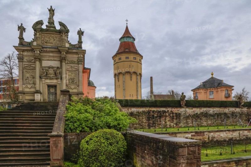 Einsiedeln Chapel, historic water tower and Pagodenburg Castle, former residence of the Margraves of Baden-Baden, Rastatt, Baden-Wuerttemberg, Germany, Europe