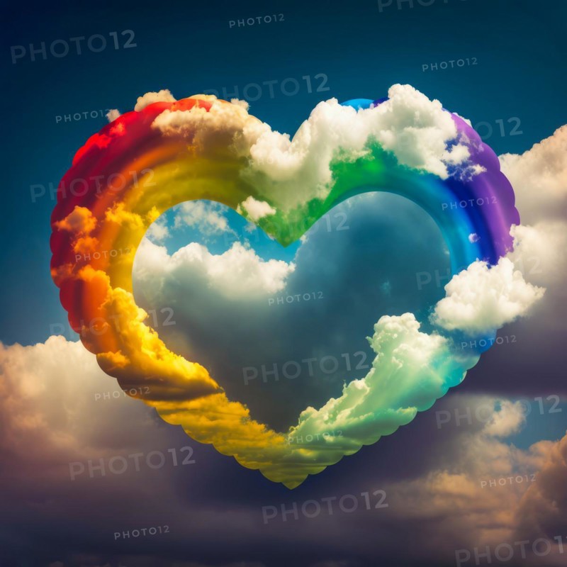 Huge rainbow heart in the sky with white clouds. Symbolic image of love. Generative AI image, AI generated