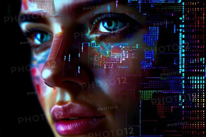 AI generated human portrait transitioning from lifelike human to a pixelated digital effect