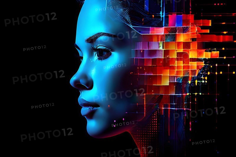 AI generated human portrait transitioning from lifelike human to a pixelated digital effect