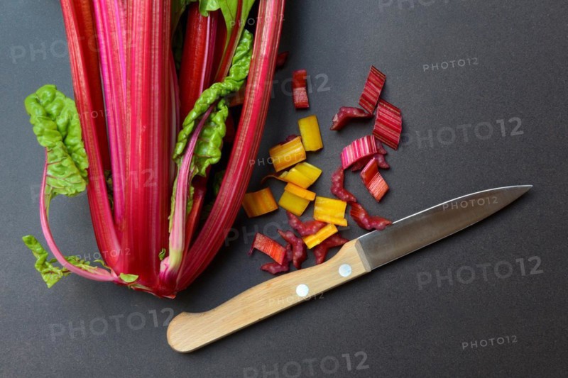 Chard with knife and chopped stems, Beta vulgaris
