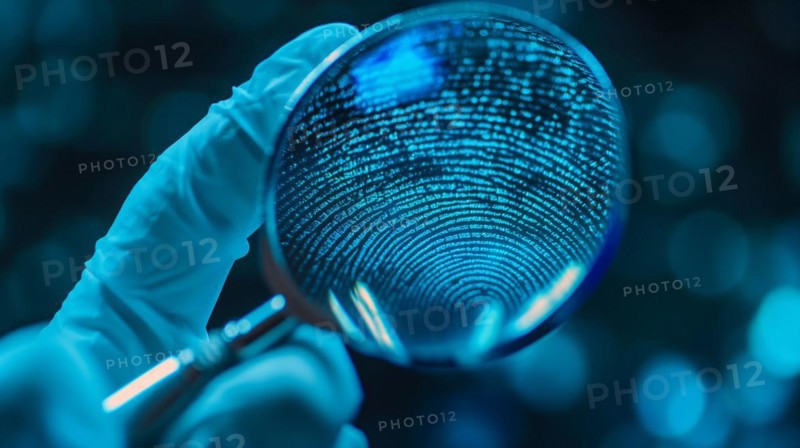Crime scene with investigator wearing surgical glove viewing A fingerprint through the glass of a magnifying glass. generative AI, AI generated
