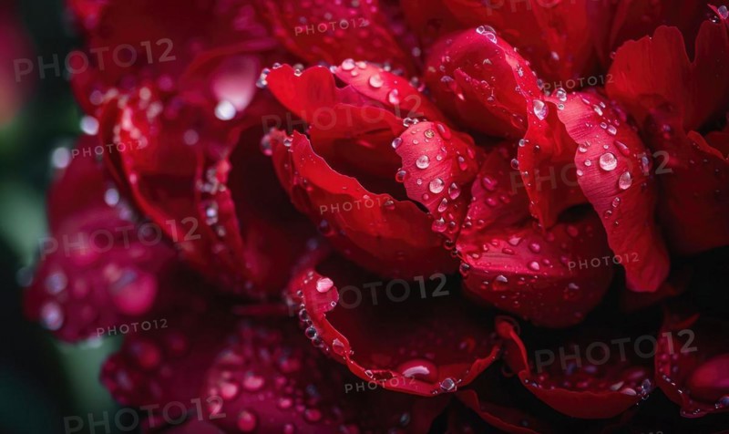 Close-up of a red peony with raindrops glistening on its petals AI generated