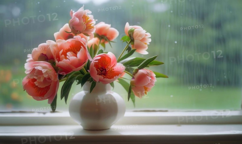 A vase filled with coral peonies on a windowsill AI generated