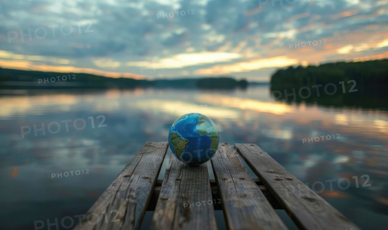An Earth globe placed on a wooden dock overlooking a calm lake with a picturesque sky AI generated
