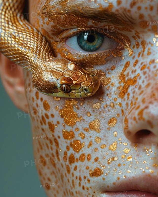 A personal close-up with glitter-freckled caucasian skin blue eyed model and a golden snake partially obscuring the view, blurry teal turquoise solid background, beauty product studio light, fashion artsy make up, high concept potraiture, AI generated