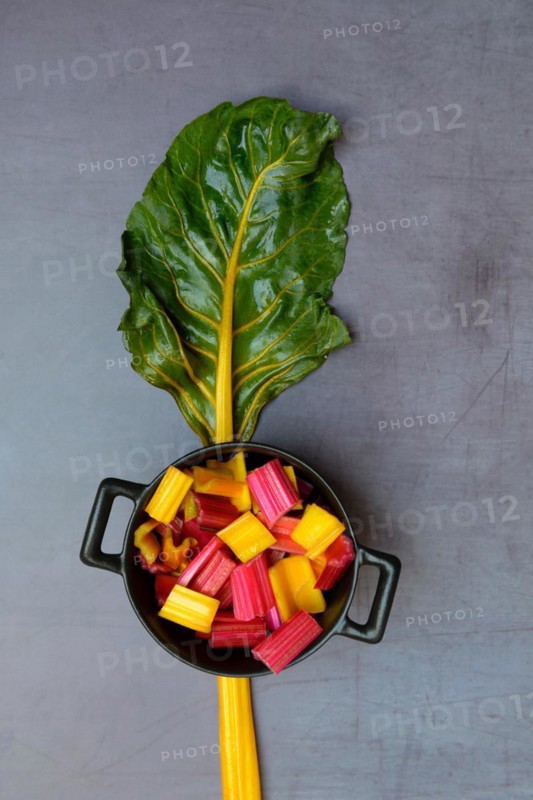 Chard, leaf and chopped stems in pots, Beta vulgaris