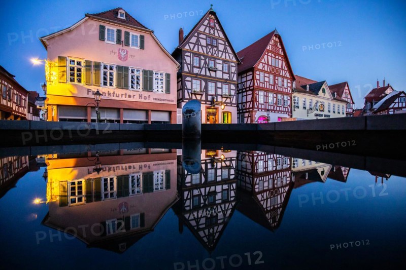 View of an old town, half-timbered houses and streets in a town. Seligenstadt am Main, Hesse Germany
