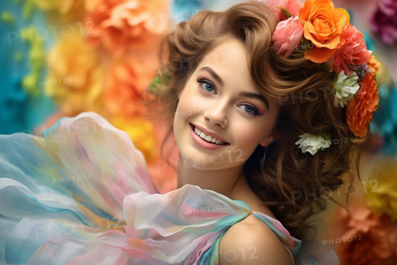 Smiling young woman with elegant bridal hairdo and colorful flowers. KI generiert, generiert, AI generated