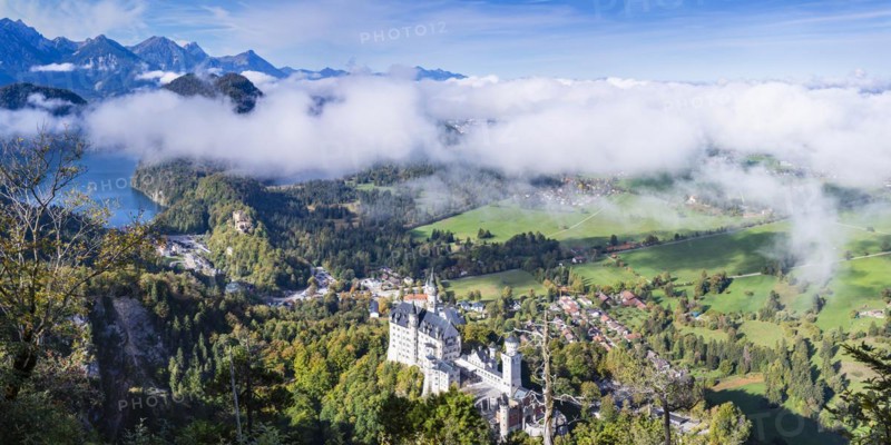 Neuschwanstein Castle and the Alpsee, near Hohenschwangau, Romantic Road, Ostallgaeu, Bavaria, Germany, Europe