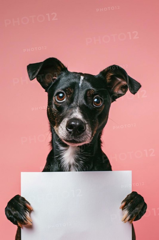 Dog holding empty white sign in front of pink studio background. KI generiert, generiert, AI generated