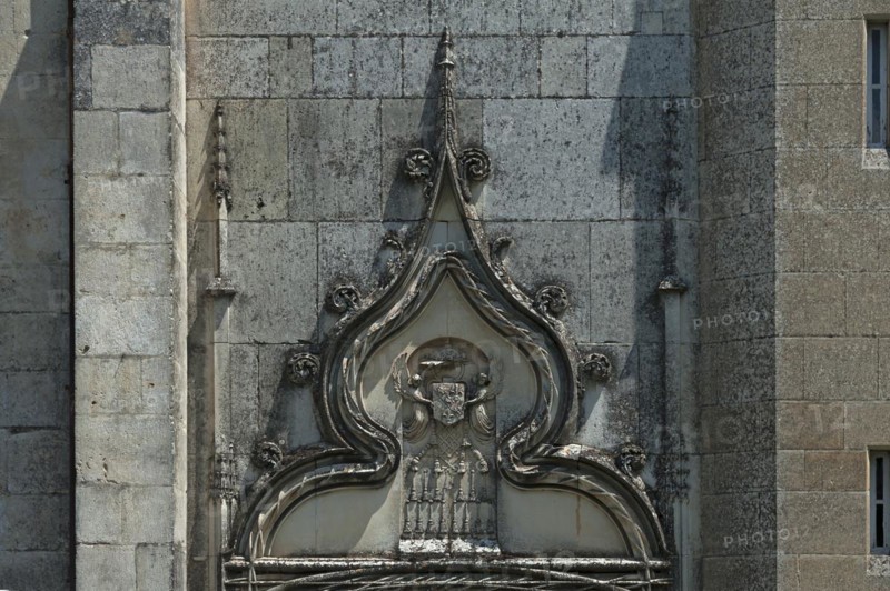 Ornament above the side entrance of Notre Dame de l'Assomption Cathedral, Lucon, Vendee, France, Europe