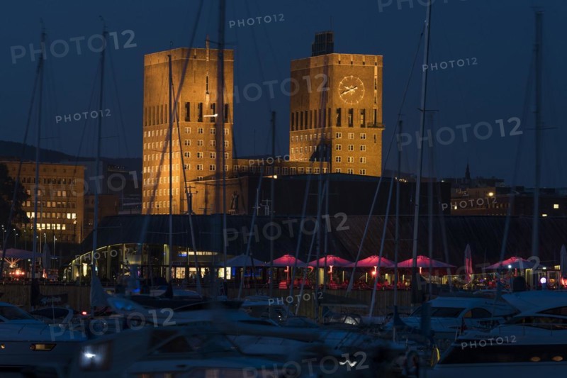 Illuminated Oslo City Hall, Aker Brygge, Oslo, Norway, Europe