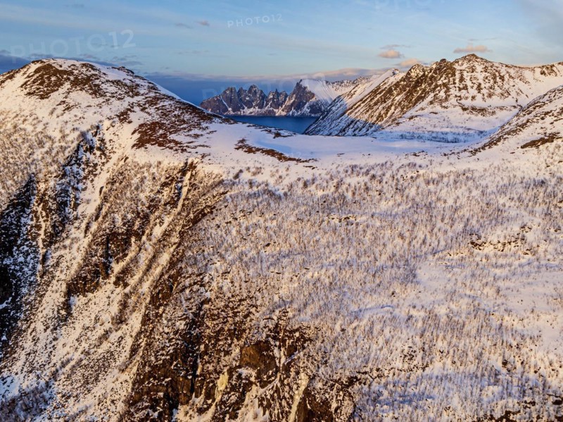 Aerial view of a fell and Bergen, winter, view of Tungeneset, Senja, Troms, Norway, Europe