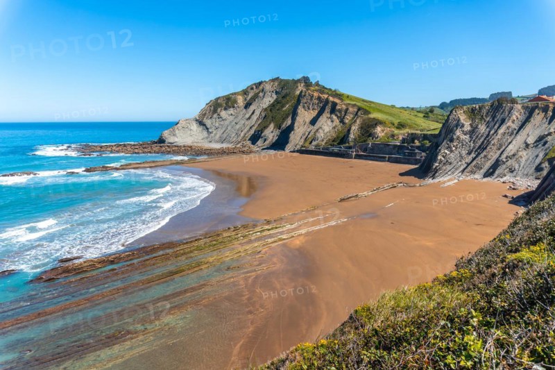 Itzurun beach without people in the Flysch Basque Coast geopark in Zumaia, Gipuzkoa
