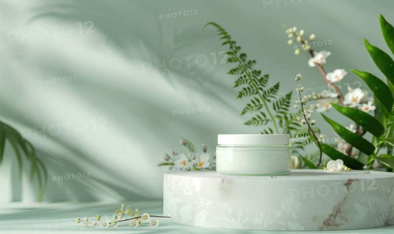 Aloe vera gel product promotion featuring a blank jar mockup showcased on a marble produce podium AI generated