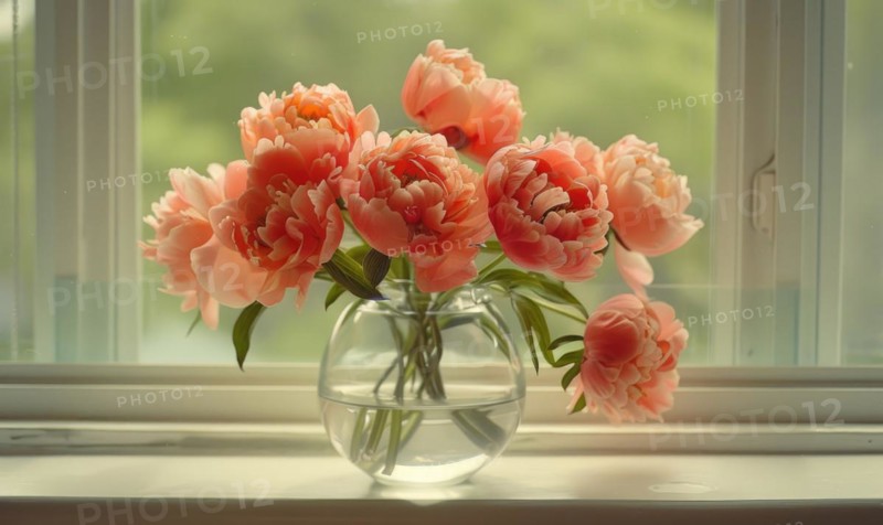A vase filled with coral peonies on a windowsill AI generated