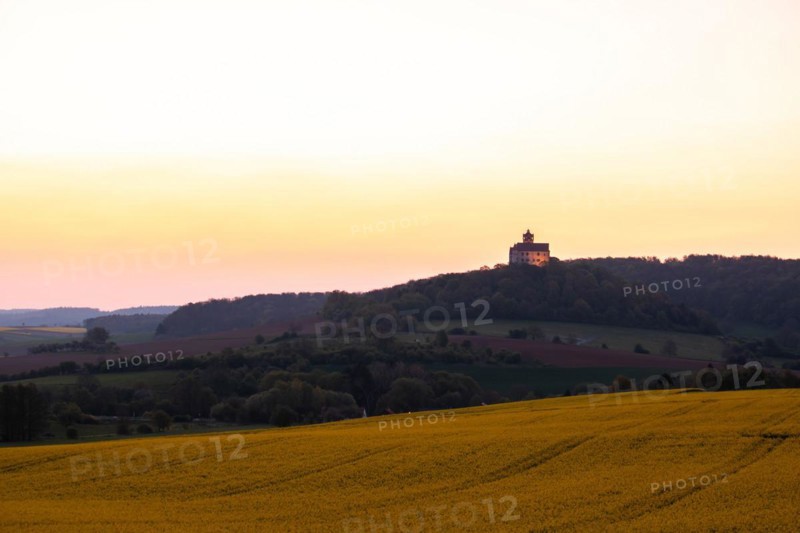 Landscape at sunrise. Beautiful morning landscape with fresh yellow rape fields in spring. Small castle in the yellow fields on a hill. Historic Ronneburg Castle in the middle of nature, Ronneburg, Hesse, Germany, Europe