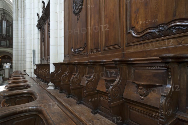18th century choir stalls, Notre Dame de l'Assomption Cathedral, Lucon, Vendee, France, Europe