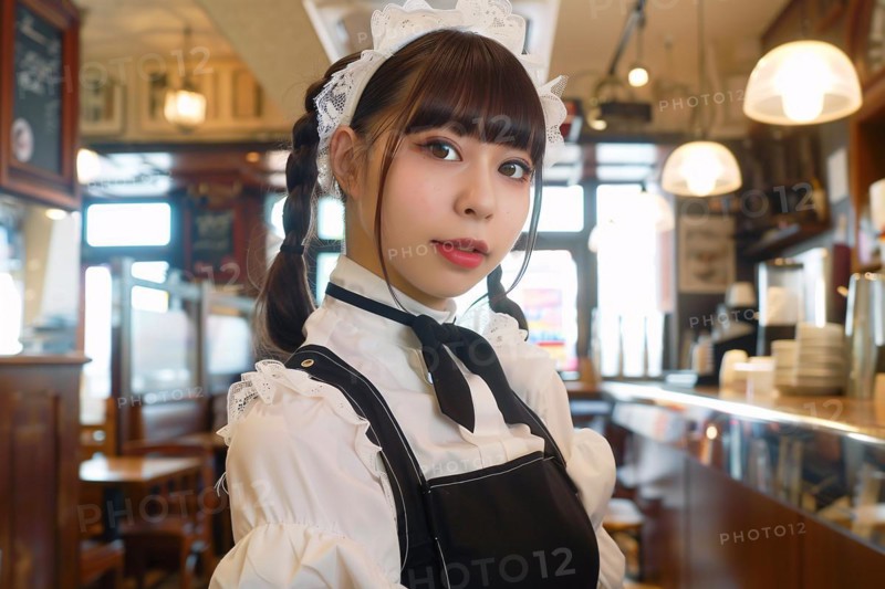 Young Asian woman waitress dressed in maid costumes in Japanese Maid Cafe. KI generiert, generiert, AI generated