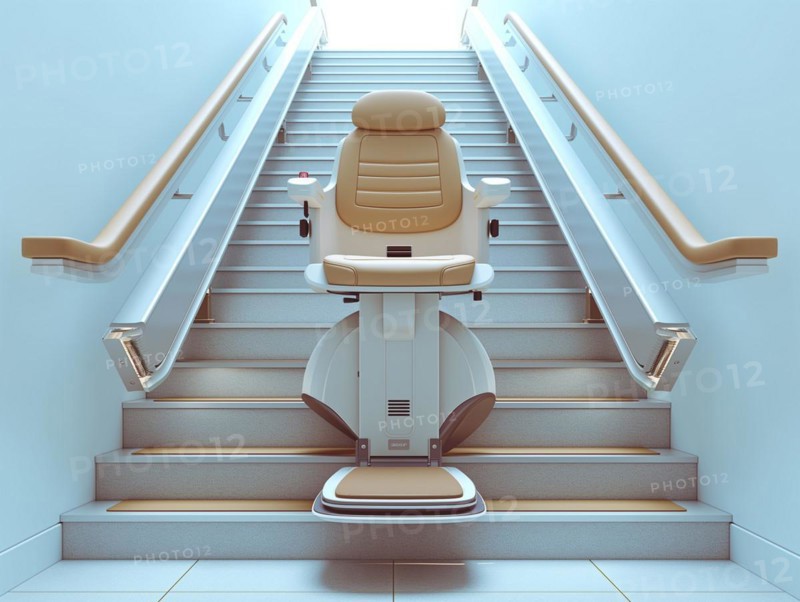 A pensioner rides a stair lift up a flight of stairs, AI generated