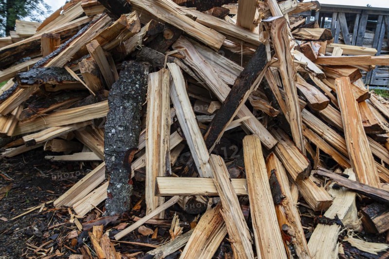 A pile of logs, freshly split firewood