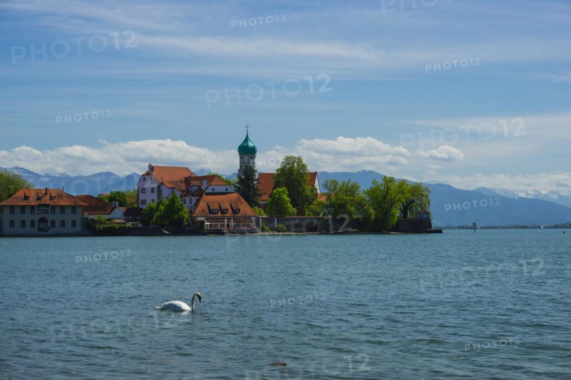Baroque Church of St George and Castle, moated castle, Lake Constance, Bavaria, Germany, Europe
