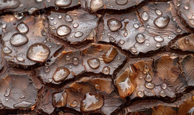 Close-up of cedar bark with raindrops clinging to its textured surface AI generated