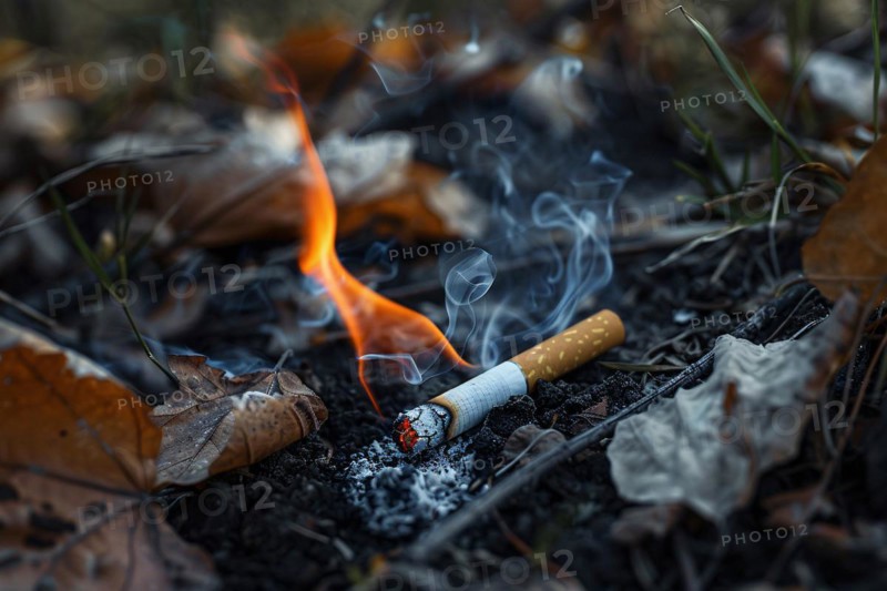 Burning cigarette butt on forest ground risking fire. KI generiert, generiert, AI generated