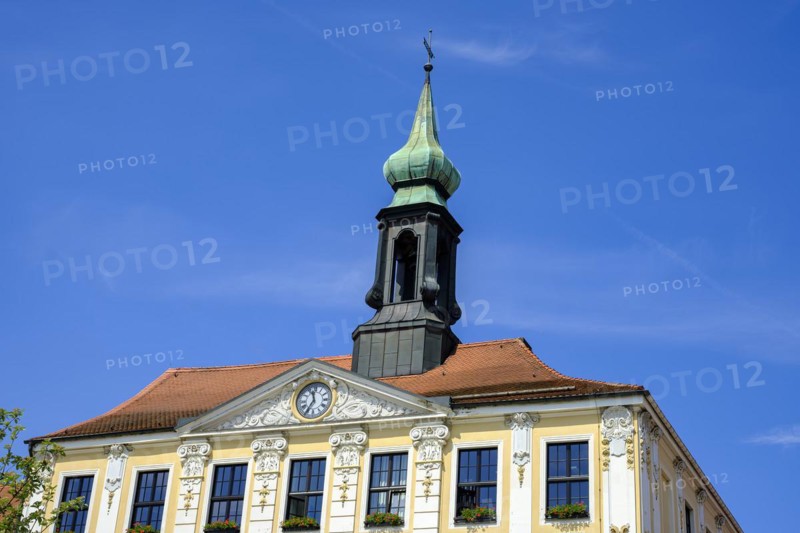 Historic town hall with neo-baroque facade on the market square in Radeberg, Saxony, Germany, Europe