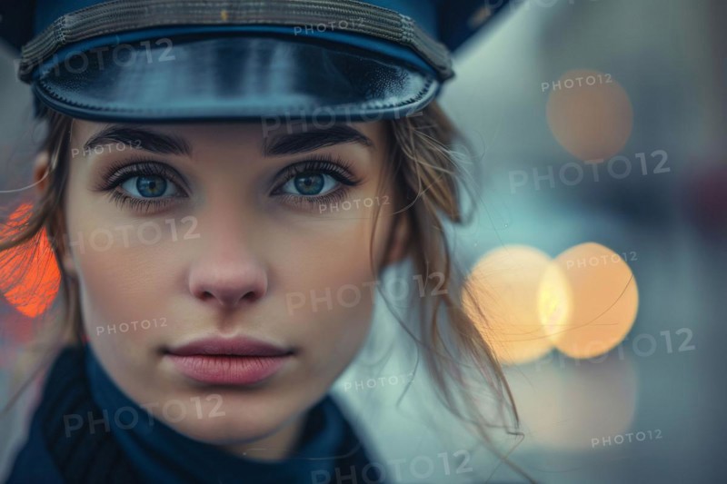 Close up of face of young police woman. KI generiert, generiert, AI generated