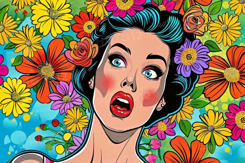 Woman in pop art style, upset, with orange flowers on turquoise background, AI generated, AI generated