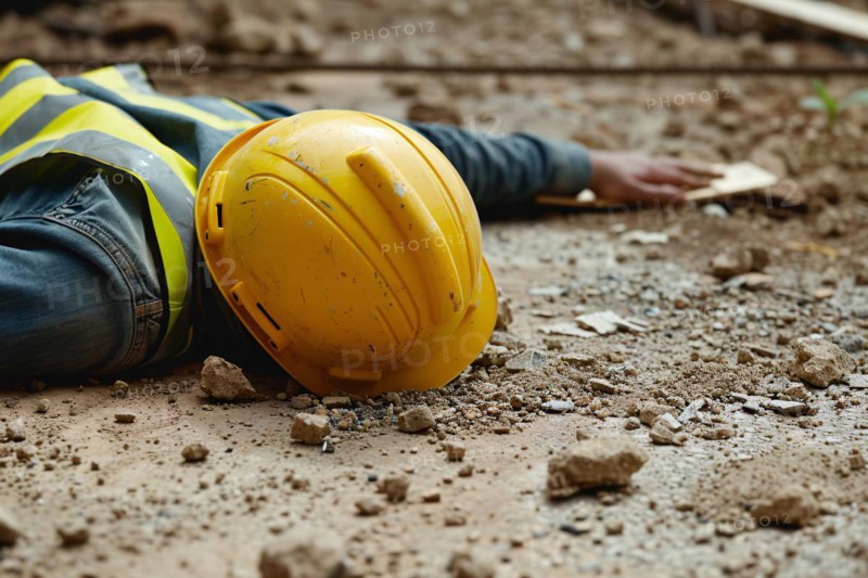 Close up of construction worker with safety helmet lying on ground after accident at construction site. KI generiert, generiert, AI generated